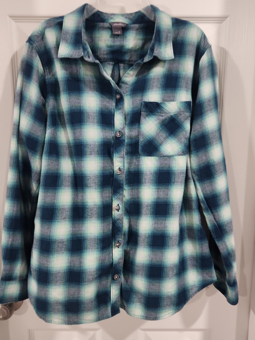 Eddie Bauer Womens Large Plaid Flannel Shirt Green Teal Navy Blue Long Sleeve
